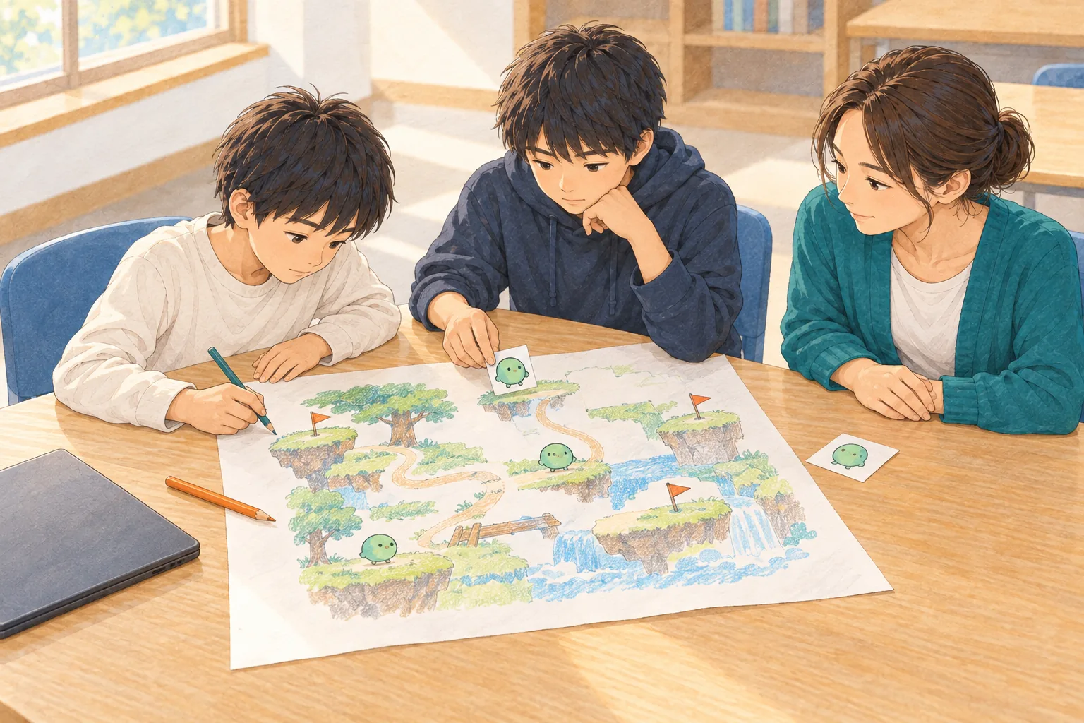パソコンを閉じて、子どもたちが紙に自分のゲームの地図を色鉛筆で描き、支援者が話を聞いているイラスト