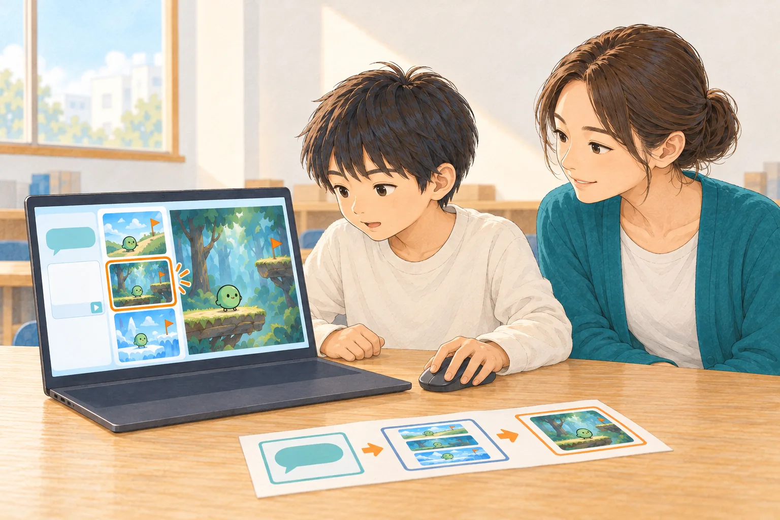 AIが提案したゲームの背景から、子どもが「これだ」と1つを選ぶ瞬間。机には手順を示すオリジナル教材のカードがあるイラスト