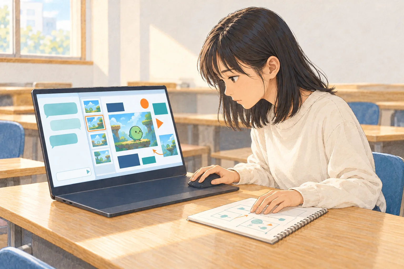 高校生がAIとやりとりしながら、自分でスライドを作ることに集中しているイラスト