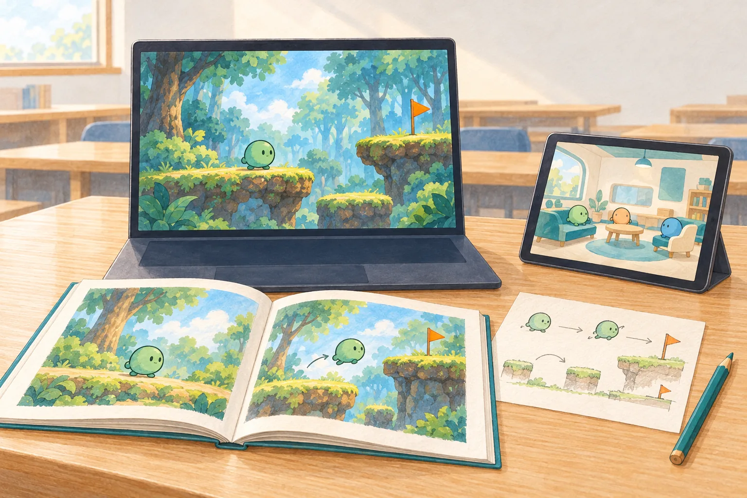 同じキャラクターのゲーム画面、絵本、設計メモと、オンラインの居場所を映したタブレットが並ぶイラスト