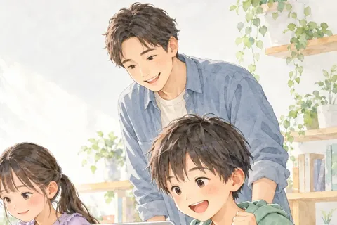 子どもたちがノートパソコンに向かい、スタッフが見守っているイラスト