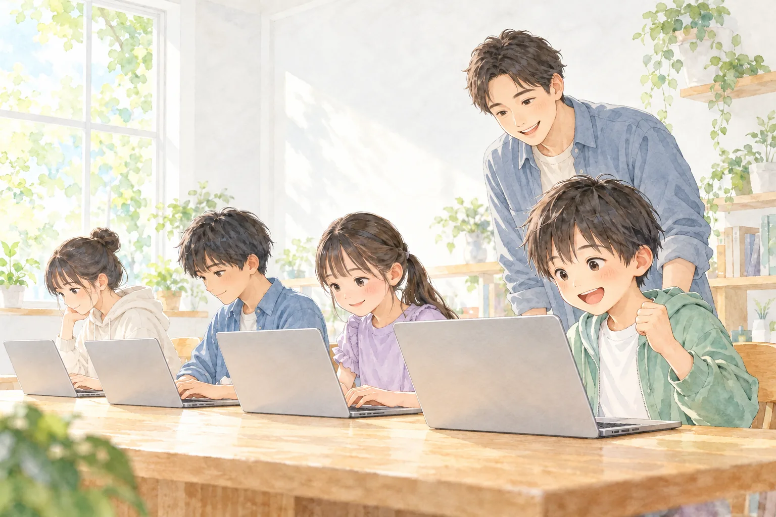 明るい部屋で、子どもたちが一人1台のノートパソコンに向かい、手前の子が自分のゲームが動いてガッツポーズをしているのを、スタッフが見守っているイラスト