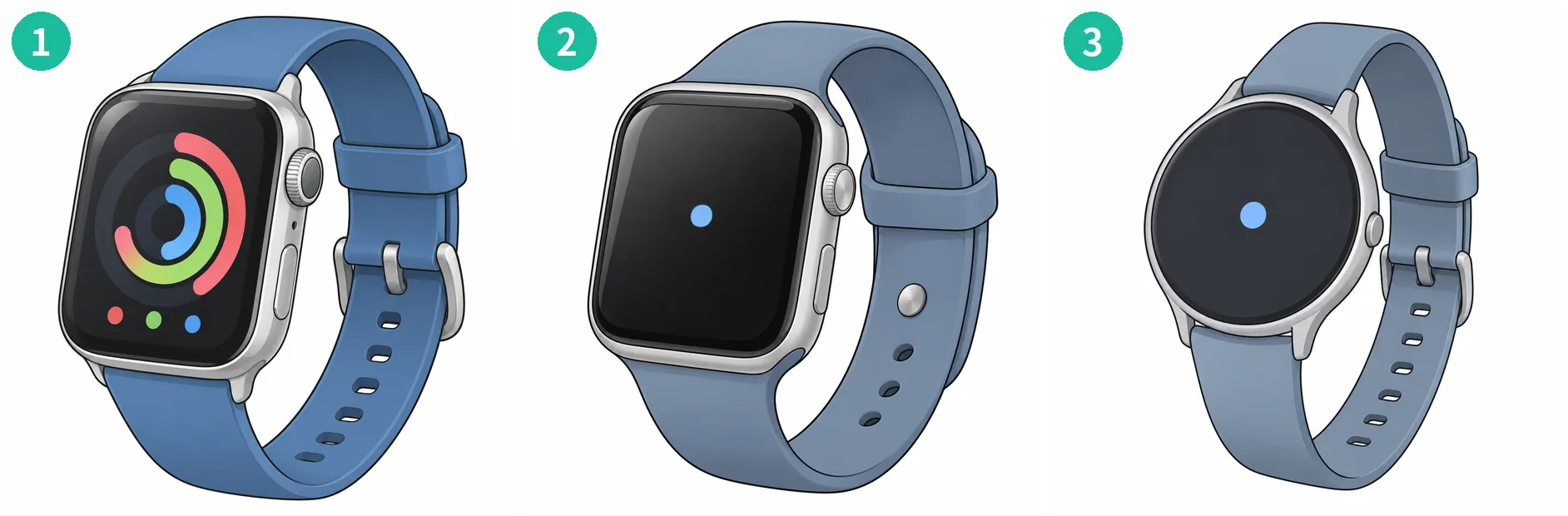 Three smartwatch pictures, from the first to the final redraw