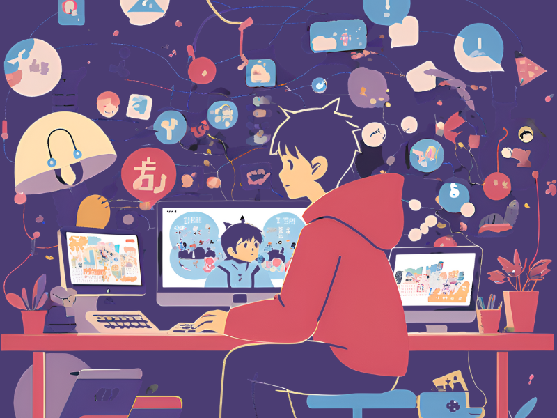 AIとデジタル学習に取り組む子どものイラスト