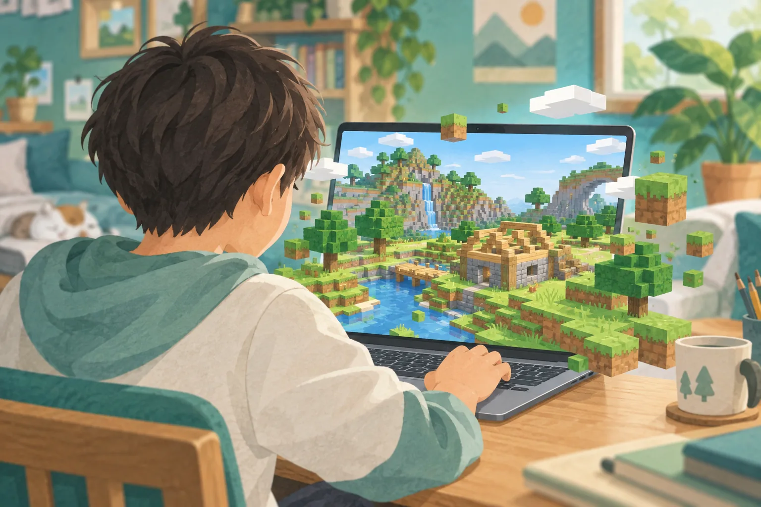ノートパソコンに向かう子どもの背中越しに、画面の中のブロックの世界が机の上まで広がっているイラスト
