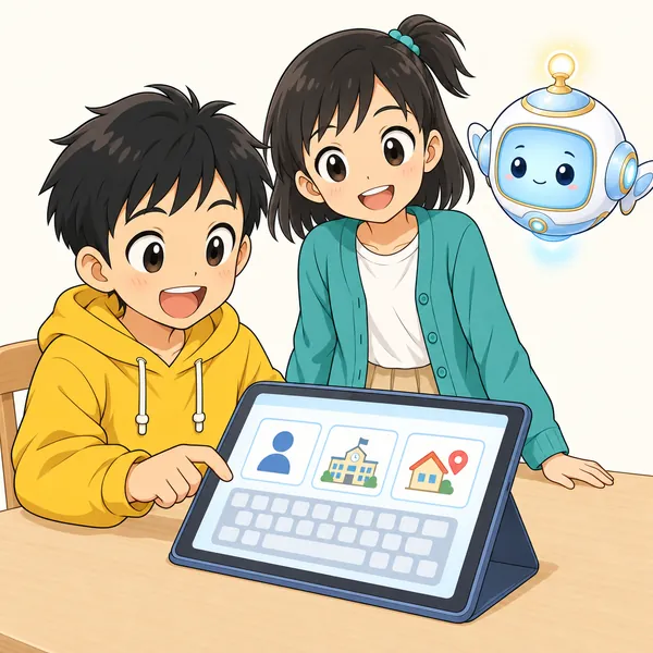 ハルがタブレットのAIに相談しようとして、自分の名前・学校・住所を打ちこもうとしている