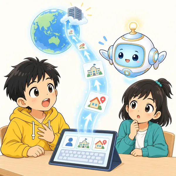 アイが、入力した文字が画面の外へ出て、遠くのどこかへ運ばれていくイメージをやさしく見せている