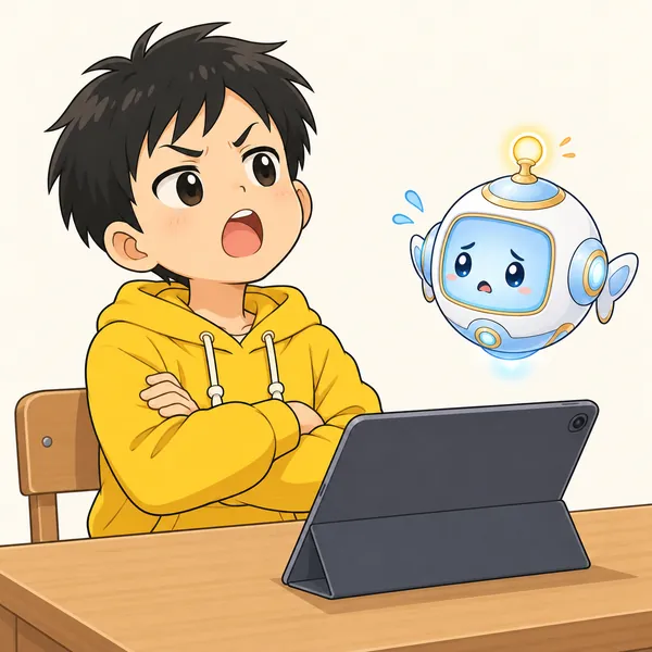 ハルが机でタブレットに向かい、うでを組んでえらそうな態度で、あごを上げてアイに命令している