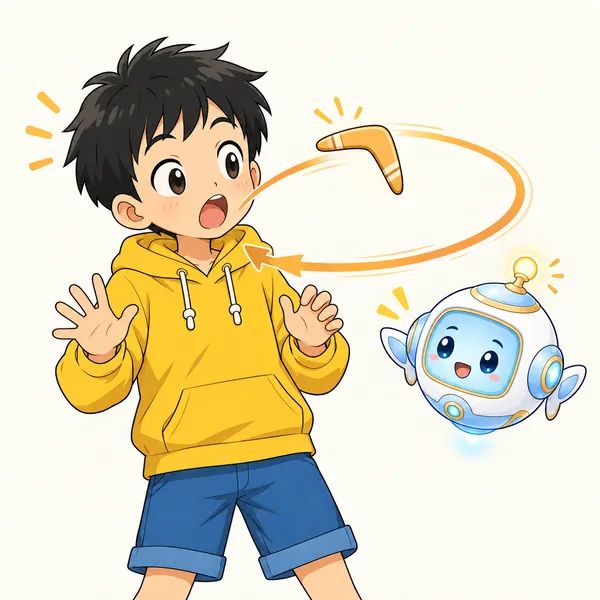 アイがハルのそばに浮かび、ハルの口から出た小さなブーメランのようなものが、ぐるっと回ってハル自身のところに戻ってくる様子を見せている