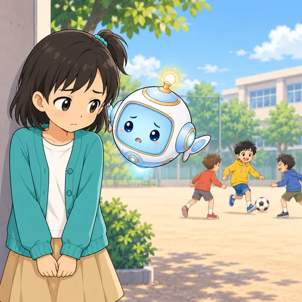 ミオが、しょんぼりして遠くのハルを見ている。