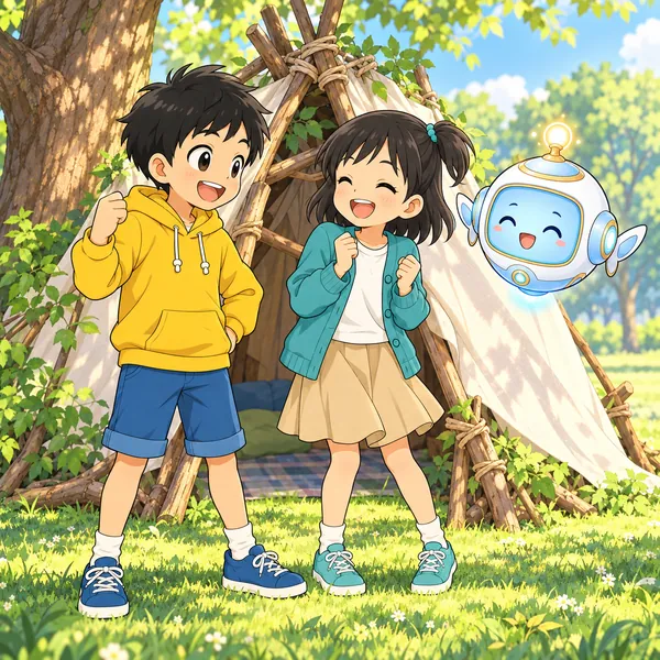 ミオとハルが、公園の秘密基地の前で笑い合っている。