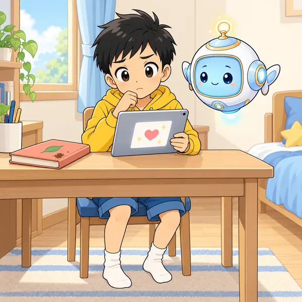ハルが、よごした本のそばで、あやまる文をAIにたのもうとしている。
