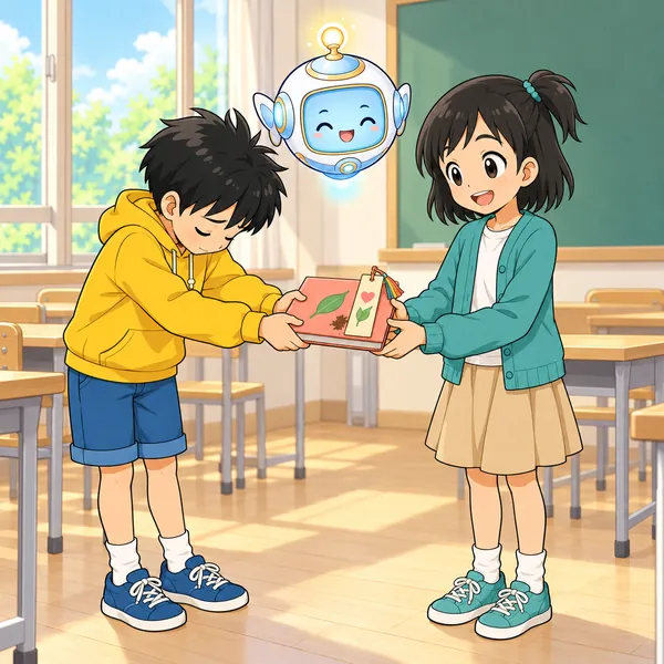 ハルが、ミオに本としおりをわたしてあやまっている。