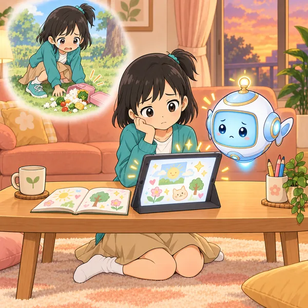 ミオが、AIの日記を見て、さびしそうな顔をしている。