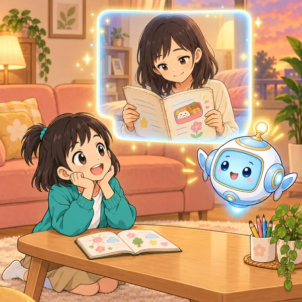 AIロボットが、大きくなった子が古いノートを読み返す絵を見せている。