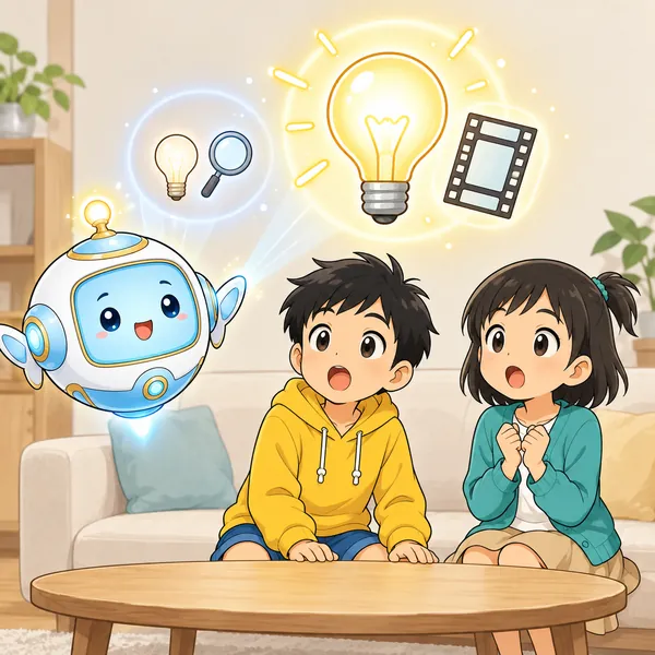 AIロボットが、小さな電球と大きな電球を並べてうかべ、ハルとミオが目をまるくしている。
