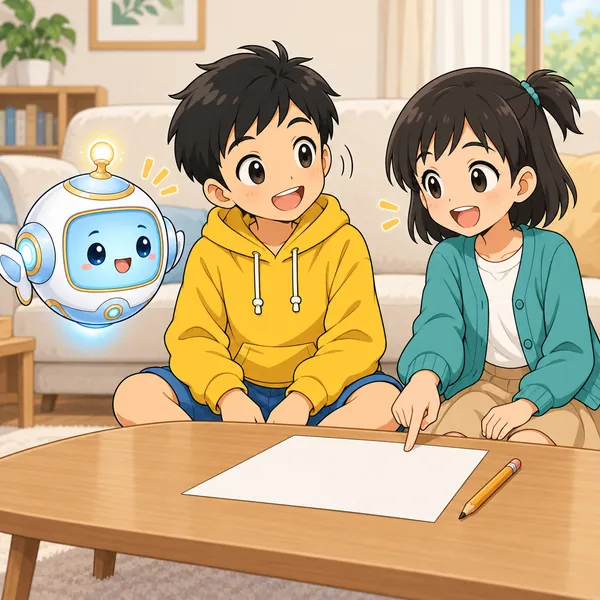 ミオが紙とえんぴつを指さしてハルに話しかけ、ハルがうなずいている。