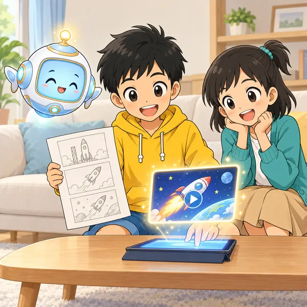 ハルが絵コンテを見ながら1本だけ動画を作り、満足そうに笑っている。