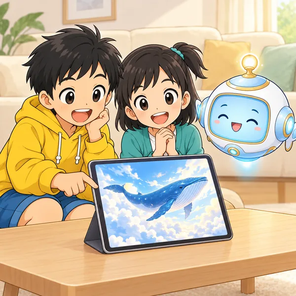 リビングで、ハルとミオがタブレットのAIで作った空飛ぶクジラの絵を見て目をかがやかせている。