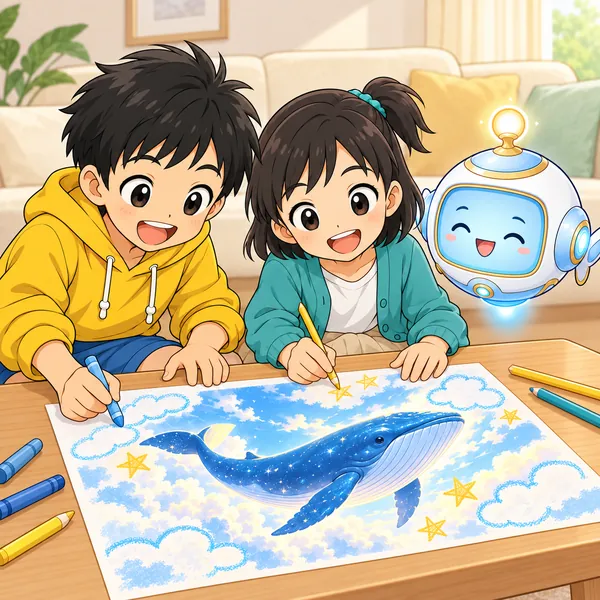 ハルとミオが、AIで作った絵に手描きの雲や星を描き足している。