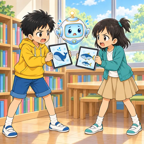 ハルとミオがむっとした顔で向き合っている。
