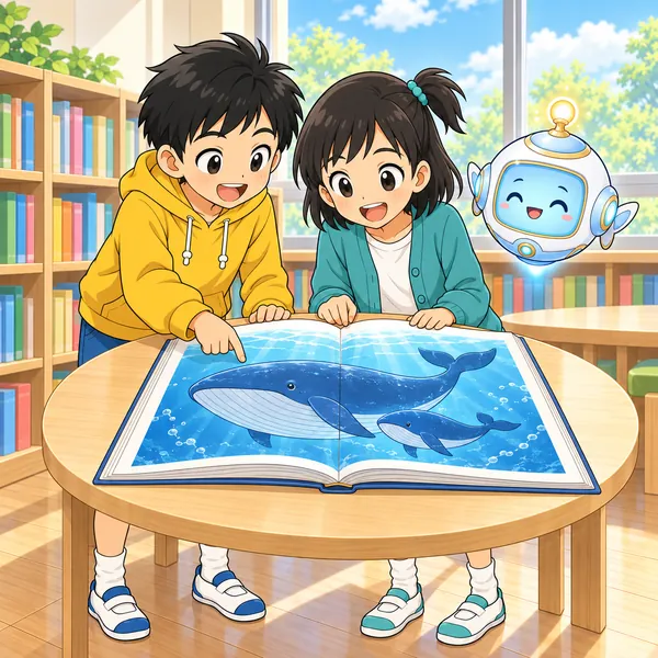 ハルとミオがいっしょに図鑑を見て笑っている。