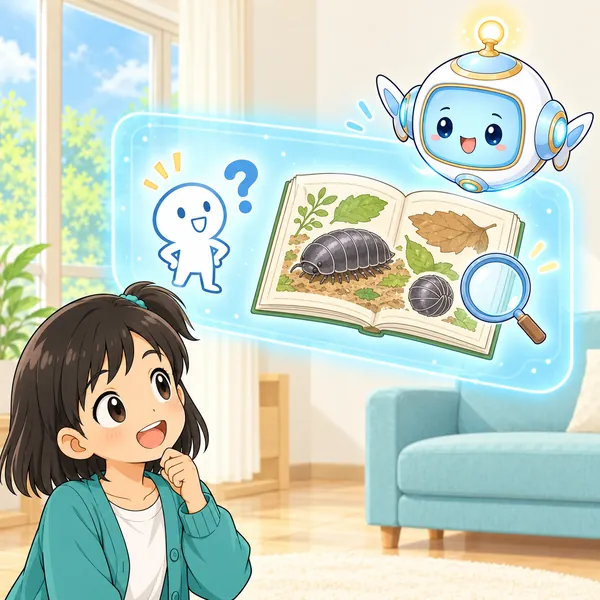 AIロボットが、自信のある吹き出しにはてなマーク、図鑑と虫めがねの絵を見せている。
