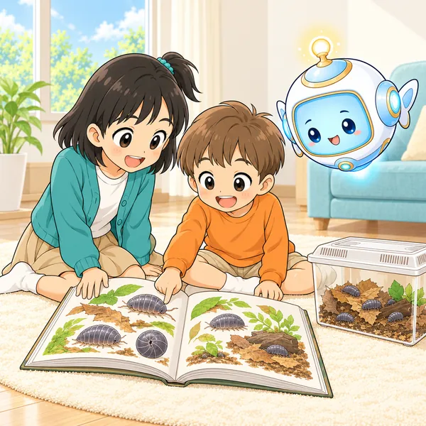 ミオと弟が図鑑を広げて、うれしそうに見ている。