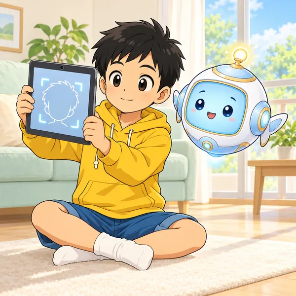 ハルがタブレットのカメラで自分の顔をうつしている。