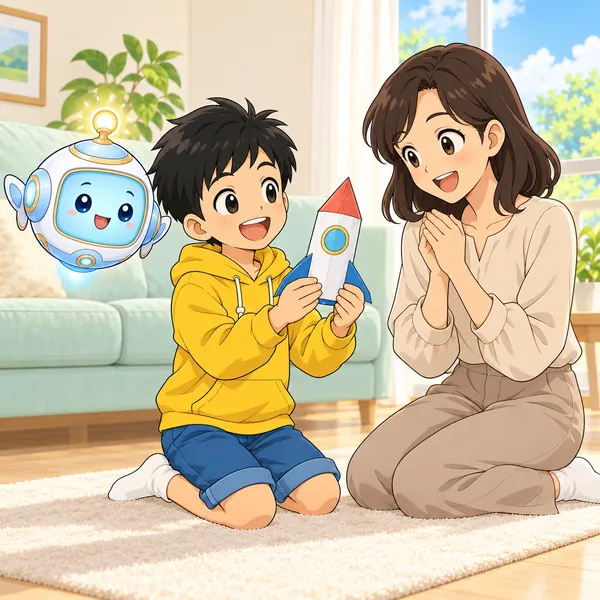 ハルが笑って、母に工作を見せている。