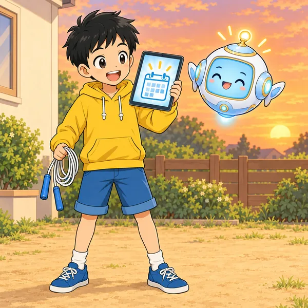 夕方の庭で、ハルがなわとびを持ってタブレットの計画を見ている。