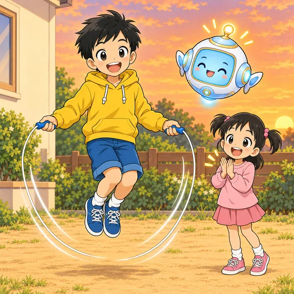 ハルが二重とびをして、妹が手をたたいている。