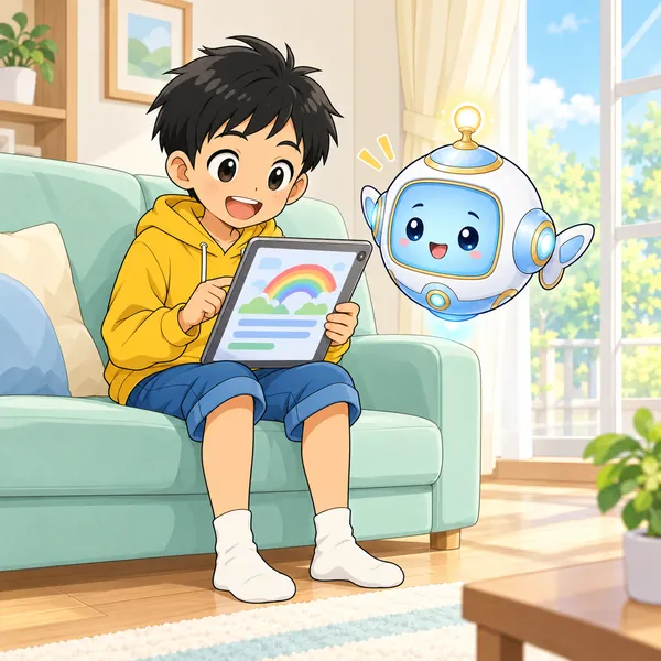 ハルがタブレットで虹の説明を見ている。