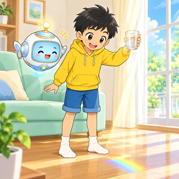 ハルが水のコップで床に小さな虹を作って笑っている。