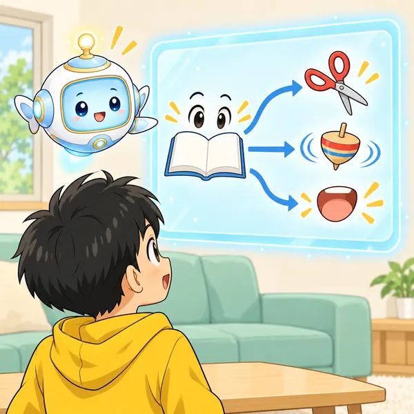 AIロボットが、読むことから作る・試す・話すへつながる絵を見せている。