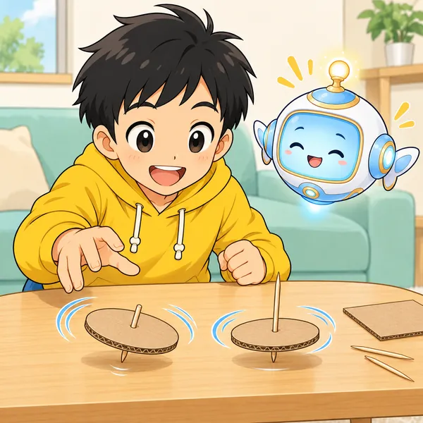 ハルが厚紙のこまを作り、軸の長さを変えて回して比べている。