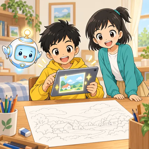 ハルが、コンクールのポスターの背景をAIで作ろうとしている。