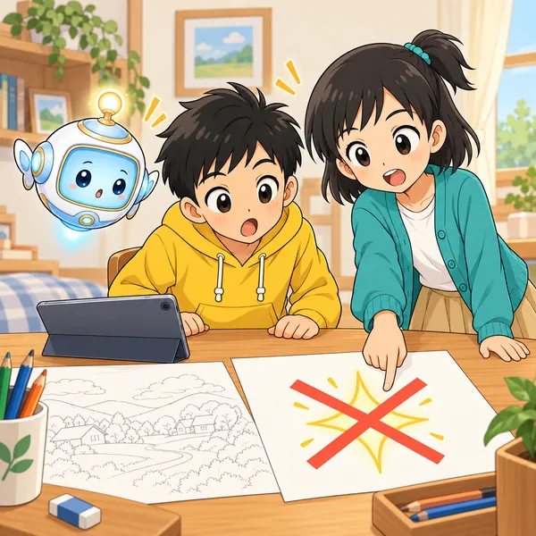 ミオが応募用紙を指さし、AIのことが書いてあると教えている。