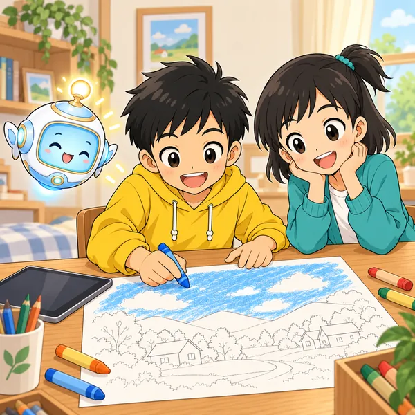ハルが、クレヨンでポスターの背景を自分でぬっている。