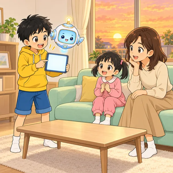 ハルが、AIのおでかけの案を家族に見せている。