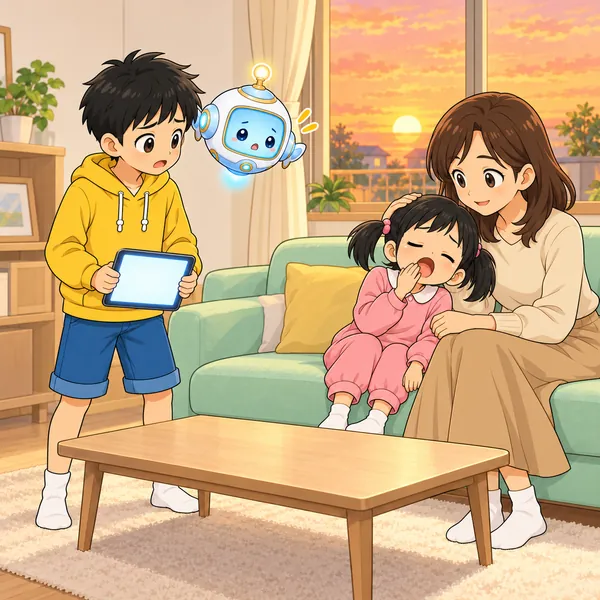 妹がつかれた顔であくびをし、ハルがこまっている。