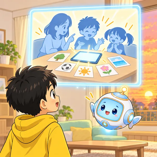AIロボットが、案のカードをかこんで家族が話し合う絵を見せている。