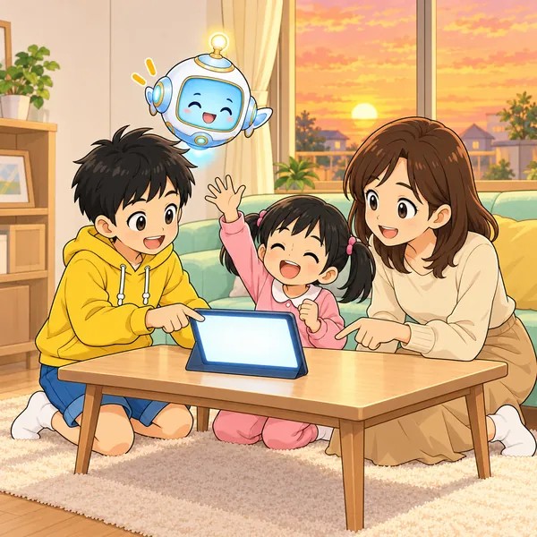 ハルと妹と母が、タブレットをかこんで笑っている。