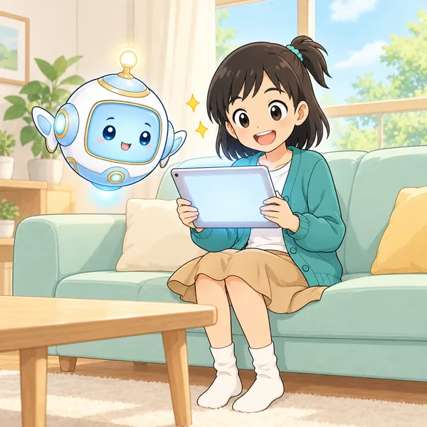 ミオがタブレットを持って、AIに手伝ってもらおうとしている。