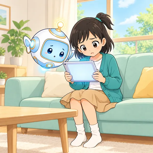 ミオがタブレットの文を見て首をかしげている。