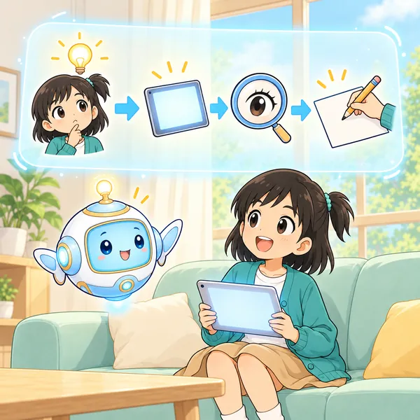 AIロボットが、考える→AI→確かめる→自分で書く、の流れの絵を見せている。