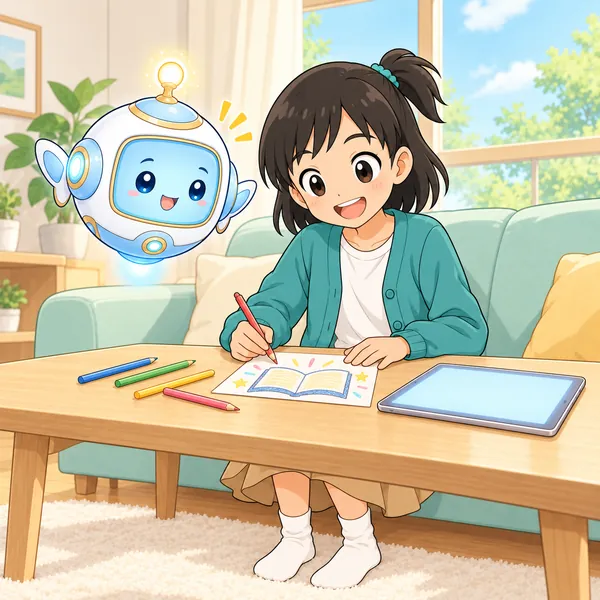ミオがカードに自分で本の絵をかいている。