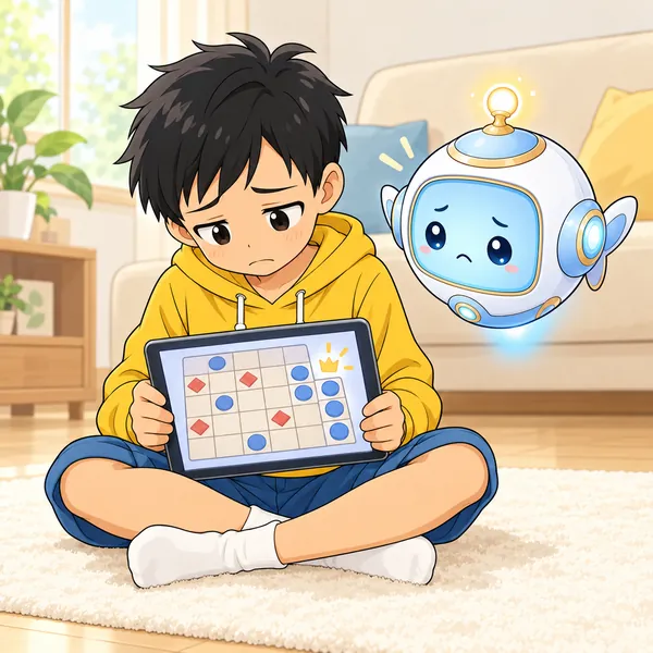 ハルが、タブレットの盤のゲームでAIに負けてうなだれている。