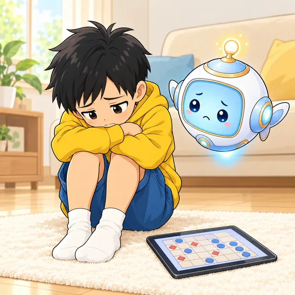 ハルが、タブレットを置いてひざをかかえている。
