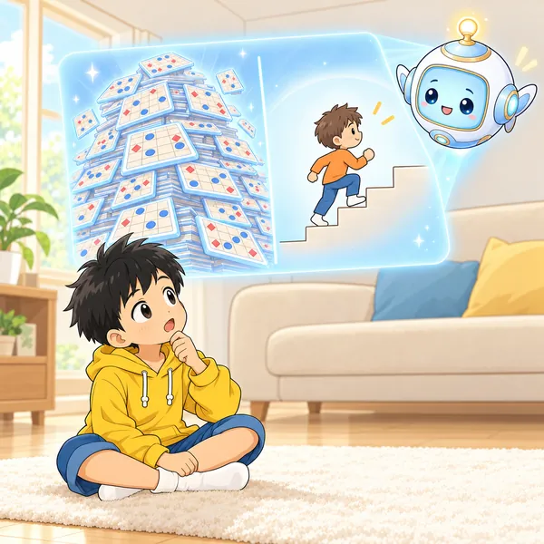 AIロボットが、AIのたくさんの練習と、一段ずつのぼる子の絵を見せている。